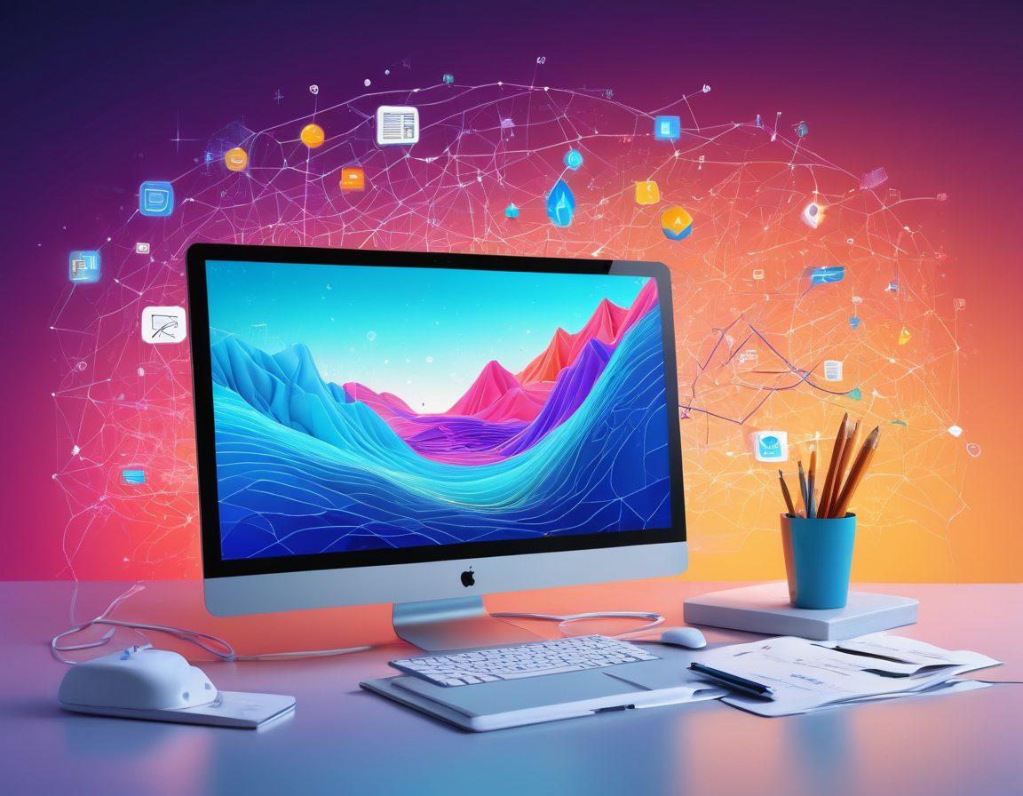 A vibrant digital landscape representing data interpretation, with flowing data streams connecting various colorful icons of blogging and content management, such as a pencil, computer, and graph charts. The background features abstract shapes symbolizing creativity and analytical thinking intertwined. The image should evoke a sense of innovation and collaboration. super-realistic. vibrant colors. 3D.