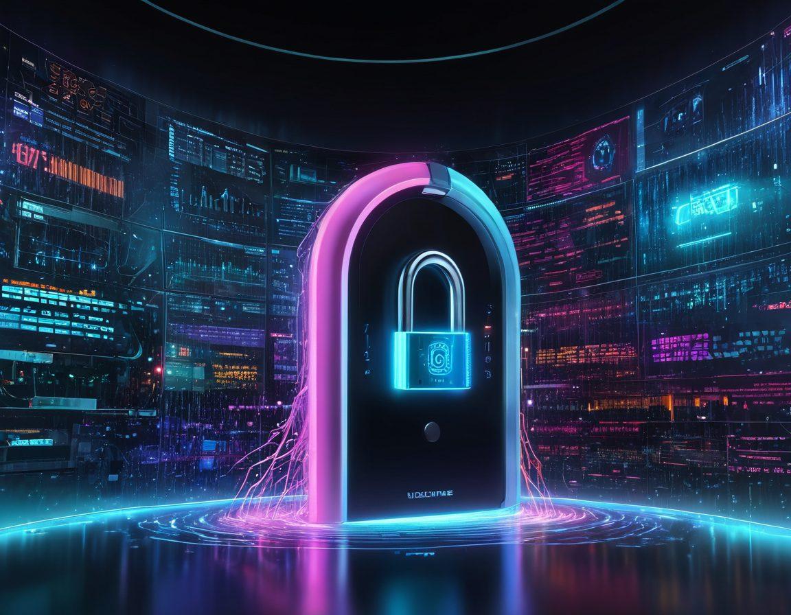 A visually striking image featuring a digital lock being unlocked with flowing text and data streams around it, representing the concept of content optimization and automation. Include a backdrop of a futuristic workspace with glowing screens displaying graphs and analytics. Use vibrant colors to create an engaging and dynamic atmosphere. super-realistic. vibrant colors. 3D.