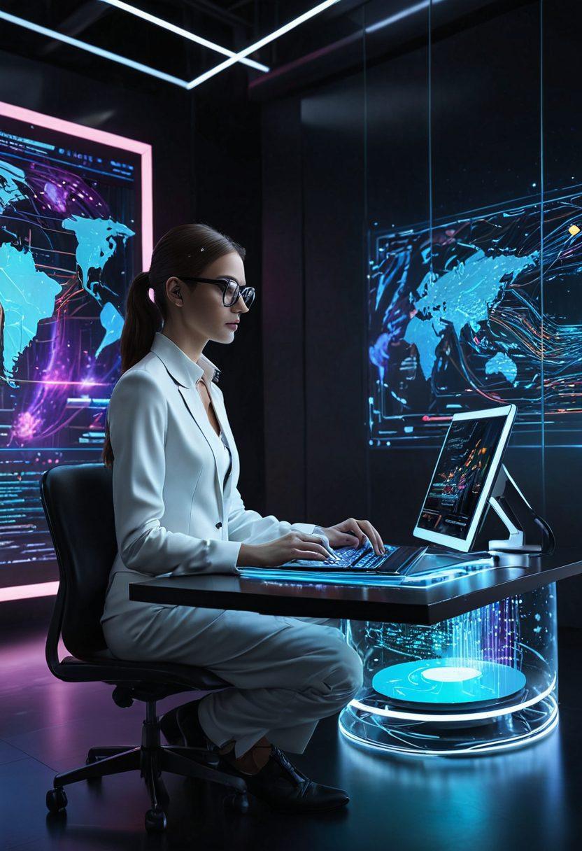 A futuristic writer sitting at a sleek, modern desk surrounded by floating holographic screens displaying text analysis and semantic insights. The background features a digital landscape with flowing data streams and abstract representations of language connections. The scene should evoke a sense of innovation and creativity in writing. vibrant colors. futuristic style. 3D digital art.